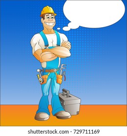 worker. Character worker in full growth with a cloud for text.