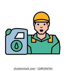 worker character with gallon of gasoline