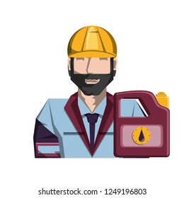 worker character with gallon of gasoline