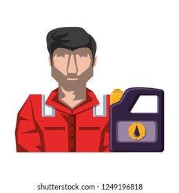 worker character with gallon of gasoline