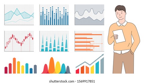 Worker character holding paper, closeup view of man with graph report, charts icons, colorful rising arrows and schematic on cells, statistic data vector