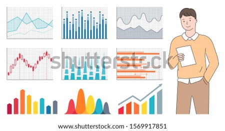 Worker character holding paper, closeup view of man with graph report, charts icons, colorful rising arrows and schematic on cells, statistic data vector