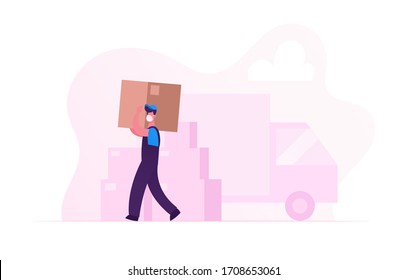 Worker Character in Medical Mask Carry Cardboard Box on Unloading Truck. Relocation and Moving into New House during Covid19 Pandemic. Delivery Company Loader Service. Cartoon Vector Illustration