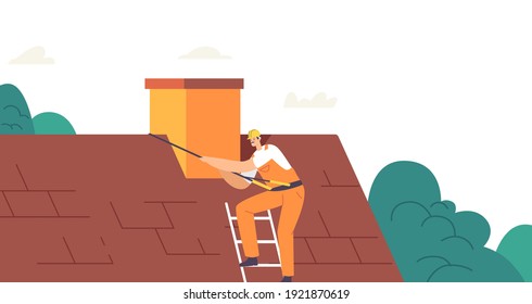 Worker Character on with Climbing Equipment Conduct Roofing Works, Repair Home, Tile House Rooftop, Roofer Man with Work Tools Renovate Residential Building or Cottage. Cartoon Vector Illustration