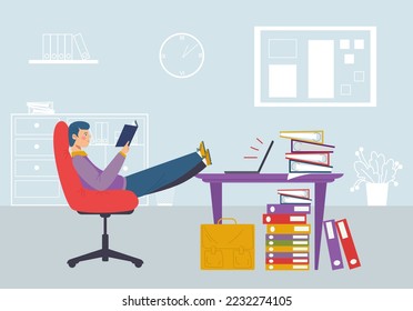 Worker character people sitting chair and work procrastination, man read book ignore job, large amount labour flat vector illustration.