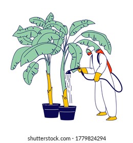 Arbeitercharakter in Schutzanzug und Maske Düngung Palm Baum auf Bananenpflanzenarbeit Arbeit in Tropenland Wachstum und Obstpflege für den Vertrieb im Ausland. Lineare Vektorgrafik