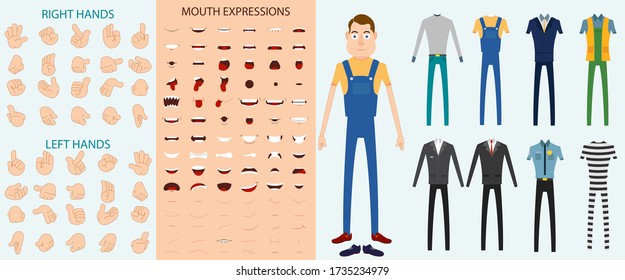 Worker Character set with Hand Expression, Mouth Expression and Different Dress vector Illustration editable source file