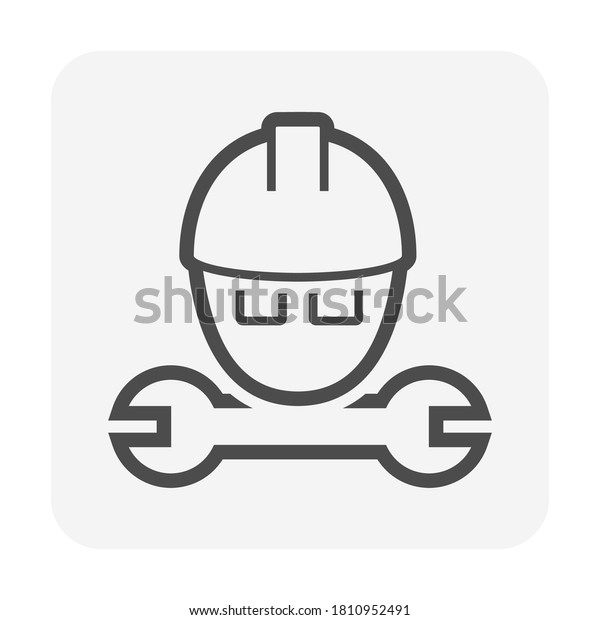 Worker character vector icon. Consist of\
safety hard hat, man and spanner. Avatar of professional industrial\
work i.e. builder, workman, engineer or contractor to fix, service,\
repair and maintenance.