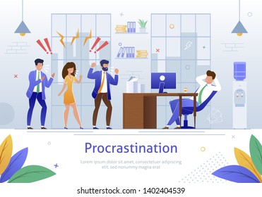 Worker Characters Screaming at Sleeping Worker Banner Vector Illustration. Cartoon Person Procrastinating at Workplace. Angry and Annoyed Businessmen at Work in Office. Relaxing Man.