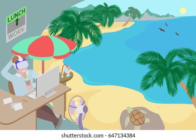 The worker is charged with energy during the break, with the help of virtual reality. Concept, a window into virtual reality.