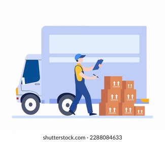 Worker Check inventories before shipping. Worldwide shipping cargo courier delivery truck