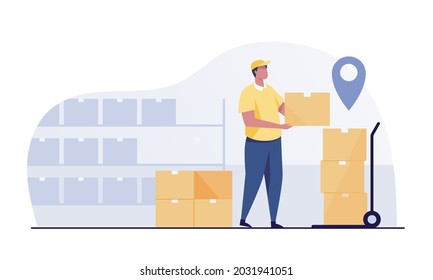 worker Check inventories. Warehouse workers put parcel boxes into carts.
Warehouse workers are storing boxes on the rack. 