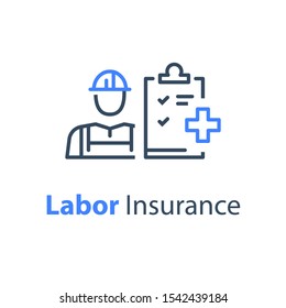 Worker and check list, medical insurance, labor safety, health protection, injury coverage, vector line icon