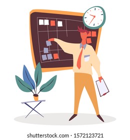 Worker checking planner board for successful and deadline work. Man character standing near desk with schedules, reminder object in office. People deadline work and communication with time vector