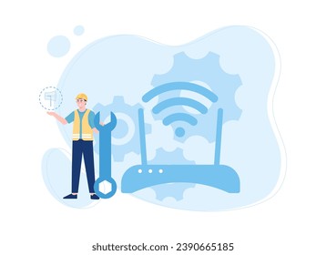 worker checking the wifi router trending concept flat illustration