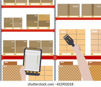 Worker checks for a large warehouse with cargo using a barcode scanner. Vector illustration