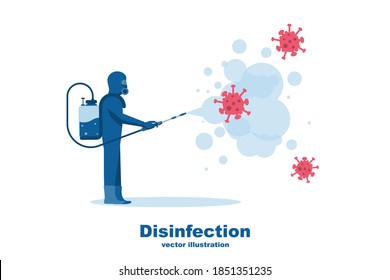 Worker in chemical hazmat suit protection and equipment. Coronavirus covid-19. Disinfection concept. Spraying antibacterial. Biological precaution. Vector flat design. Isolated on white background.