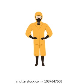 Worker of chemical laboratory wearing orange protective suit, gas mask, gloves and boots. Flat vector design