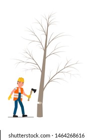 Worker chopping a dried tree with an ax. Vector illustration, flat design style. Isolated on a white background.