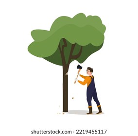 Worker Chopping The Tress With An Axe.  Cutting Logs. Timber Wood, Lumberjacks. Woodcutter, Carpenter Working.  Firewood Preparation. Poster, Banner. Flat Vector Illustration