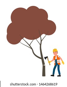 Worker chopping wood with an ax. Vector illustration, flat design style. Isolated on a white background.