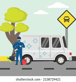 Worker cleaning city streets doing sensitization of bus stop Concept vector icon design, Industrial cleaning service symbol, office and street caretaker Sign, maintenance appliance and equipment stock