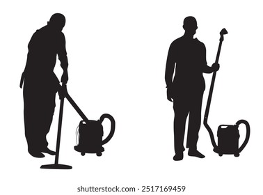 Worker Cleaning Floor with Vacuum Cleaner. People and professional occupation concept vector art