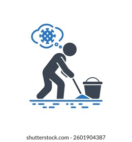 Worker Cleaning Floor with Virus Thought Icon On White Background