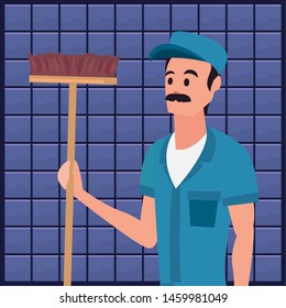 worker cleaning man broom vector ilustration