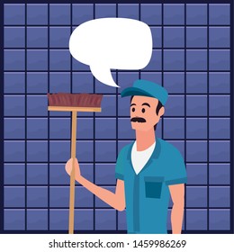worker cleaning man broom vector ilustration