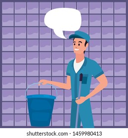 worker cleaning man bucket and mop