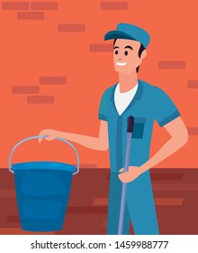 worker cleaning man bucket and mop