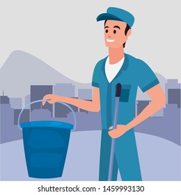 worker cleaning man with bucket and mop