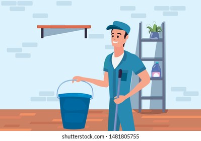 worker cleaning man bucket and mop