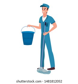 worker cleaning man bucket and mop