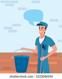 worker cleaning man bucket and mop on brick wall background vector illustration