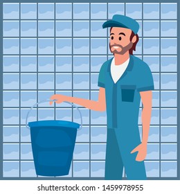 worker cleaning man bucket vector ilustration