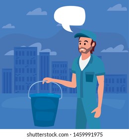 worker cleaning man with bucket vector illustration