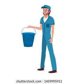 worker cleaning man bucket vector ilustration