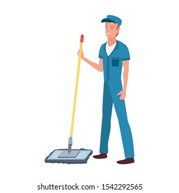 worker cleaning man mop on white background vector illustration
