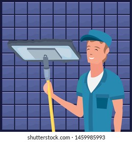 worker cleaning man mop vector ilustration