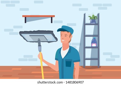 worker cleaning man mop vector ilustration