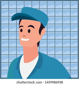 worker cleaning man in uniform and cap