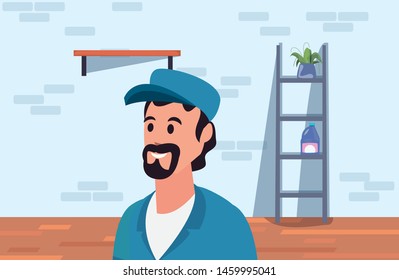 worker cleaning man in uniform and cap