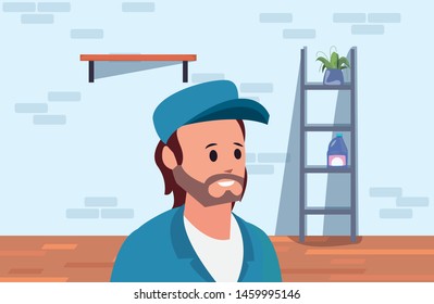 worker cleaning man in uniform and cap
