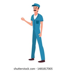 worker cleaning man in uniform and cap