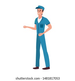 worker cleaning man in uniform and cap