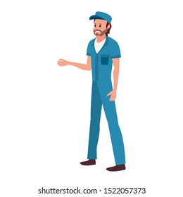 worker cleaning man in uniform and cap on white background vector illustration