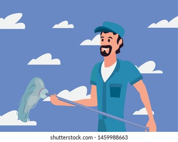 worker cleaning man in uniform and tool