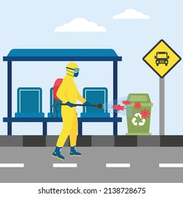 Worker cleaning public space wearing Hazmat suit Concept vector icon design, Industrial cleaning service symbol,office and street caretaker Sign, maintenance appliance and equipment stock illustration